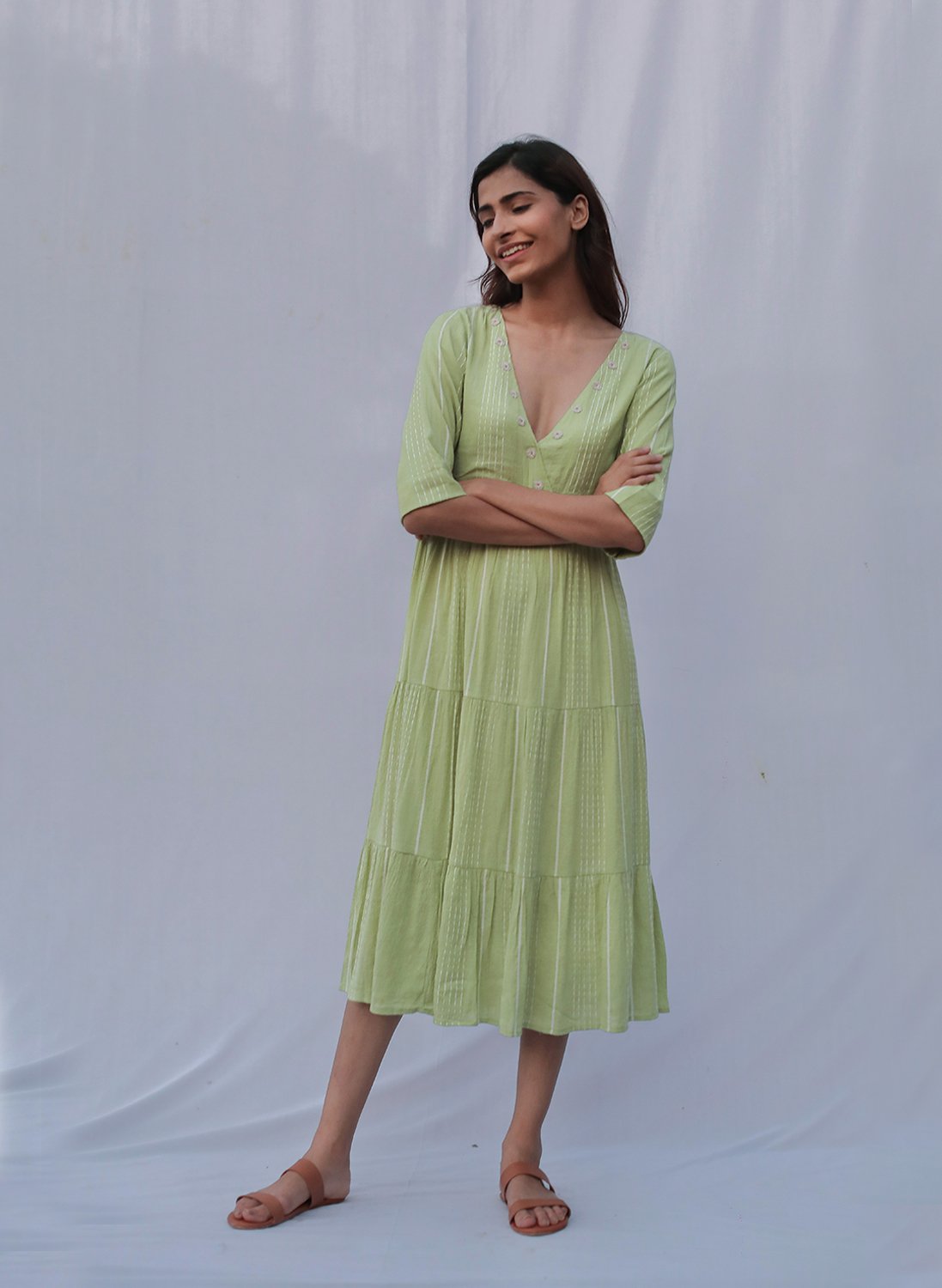 Shop Green Cotton Tiered Dress