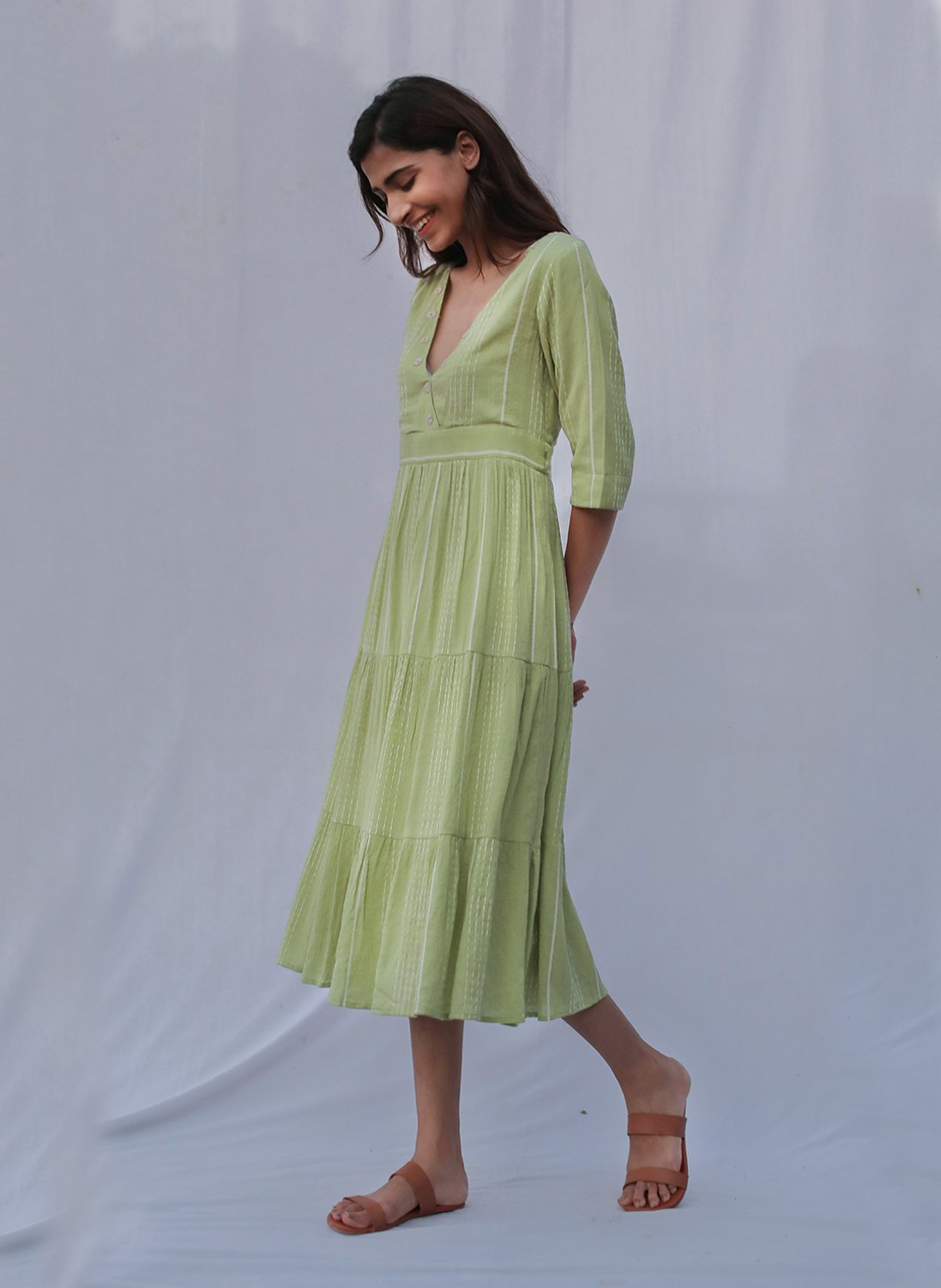 Women's Green Cotton Tiered Dress
