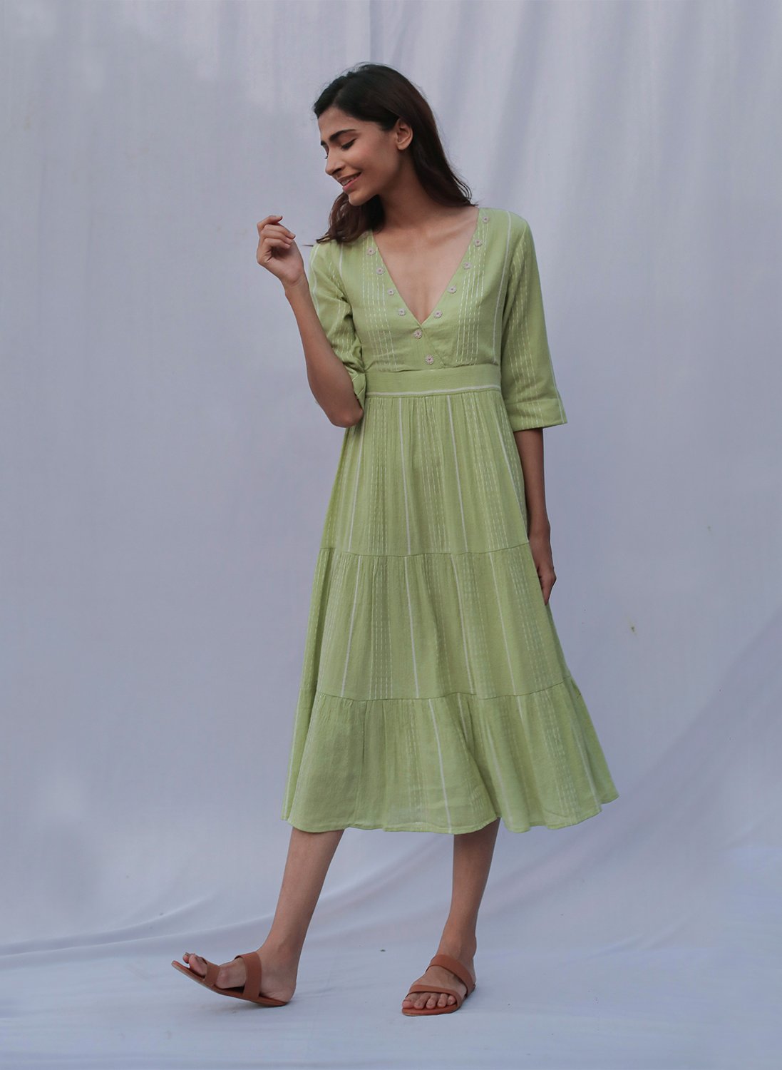 Green Cotton Tiered Dress for Women