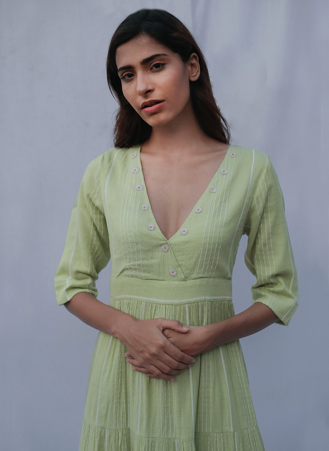 Green Cotton Tiered Dress