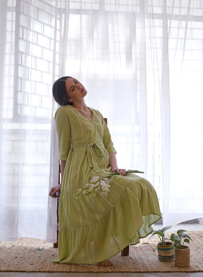 Buy Green Cotton Tiered Dress