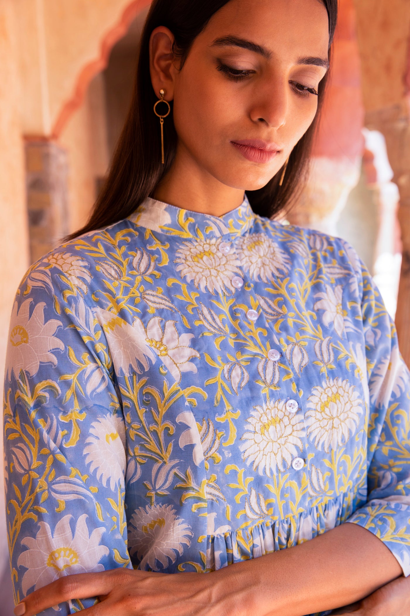 Amber Printed Nehru Collar Gathered Kurta