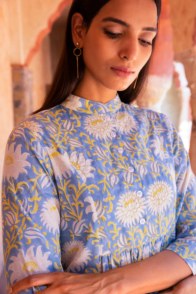 Amber Printed Nehru Collar Gathered Kurta