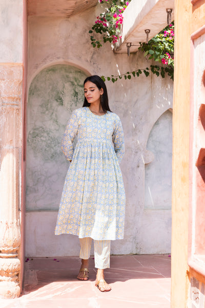 Ambuj Printed Gathered Cotton Long Kurta