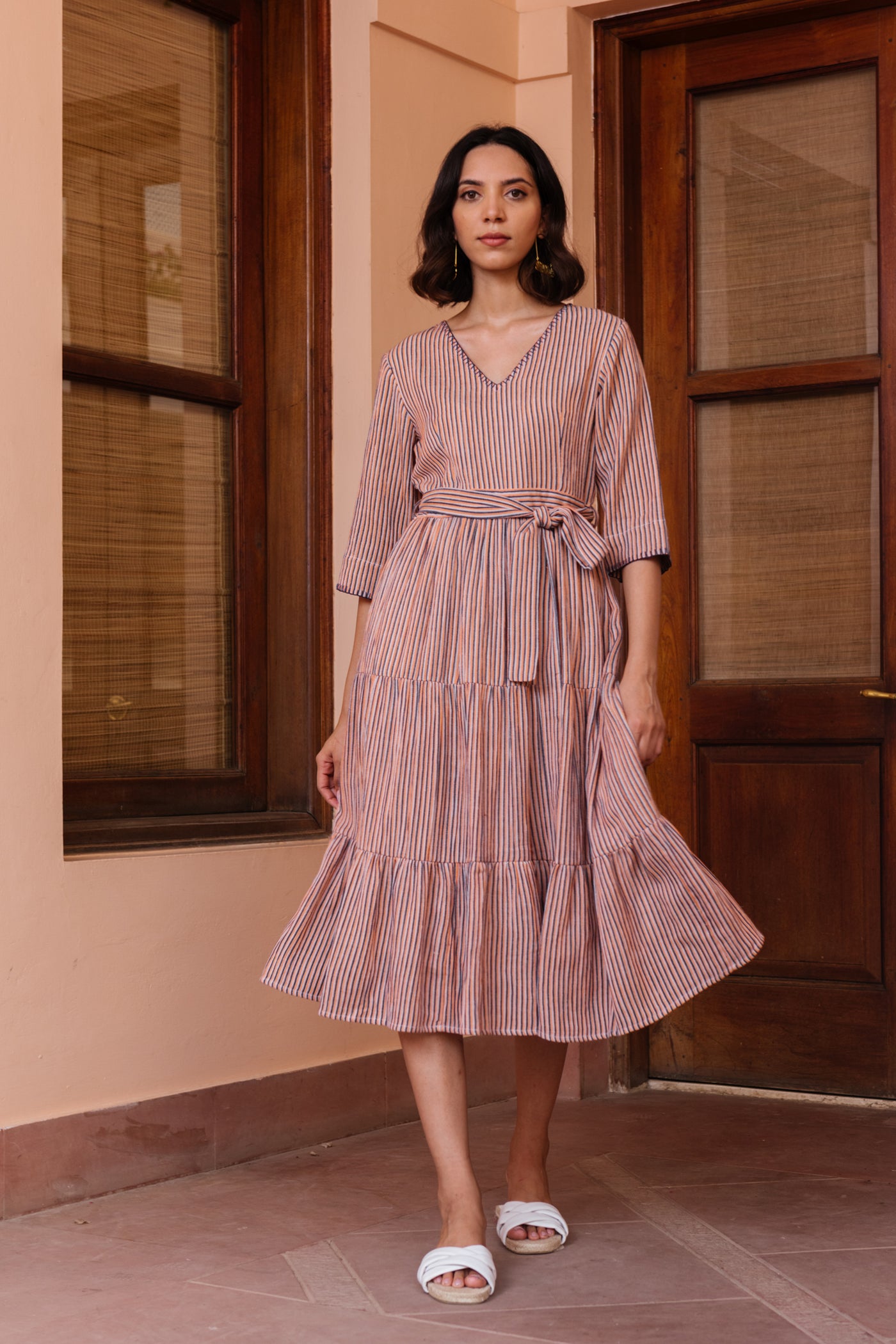 Coral Striped Tier Dress