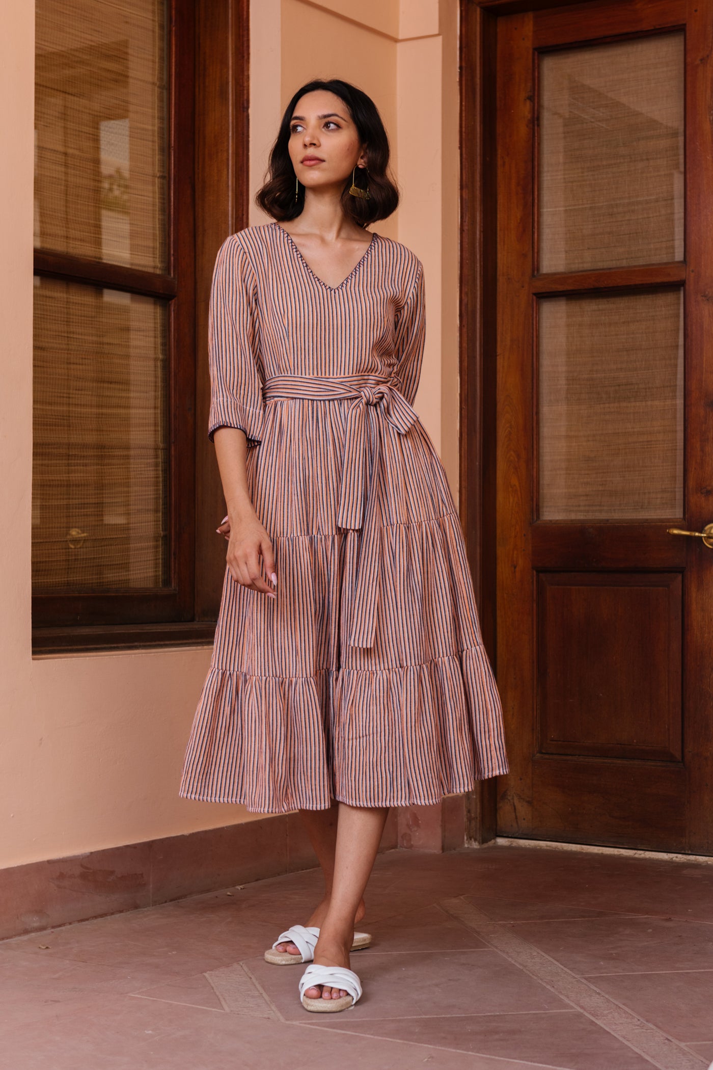 Coral Striped Tier Dress