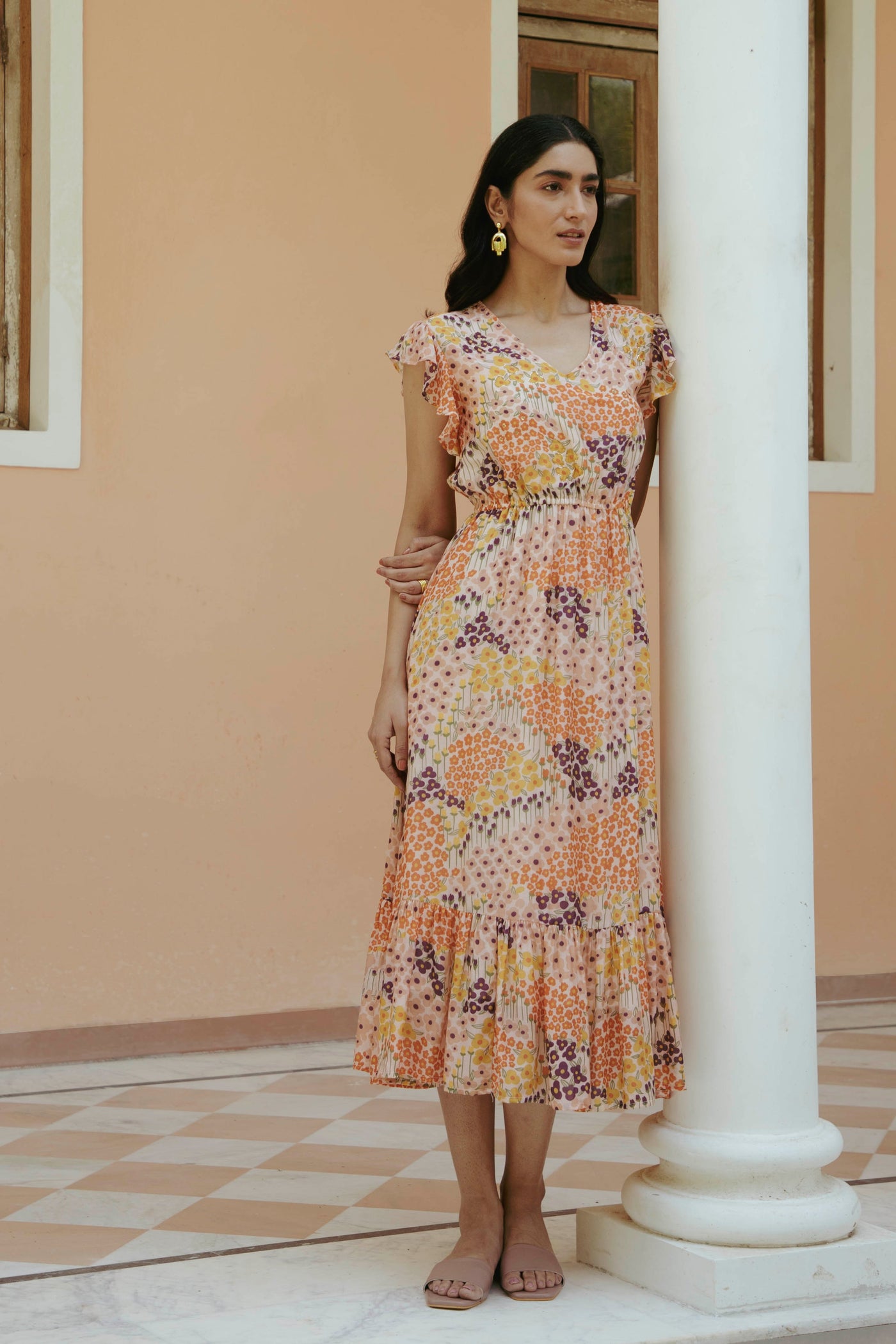 Faiz Peach Gathered Dress