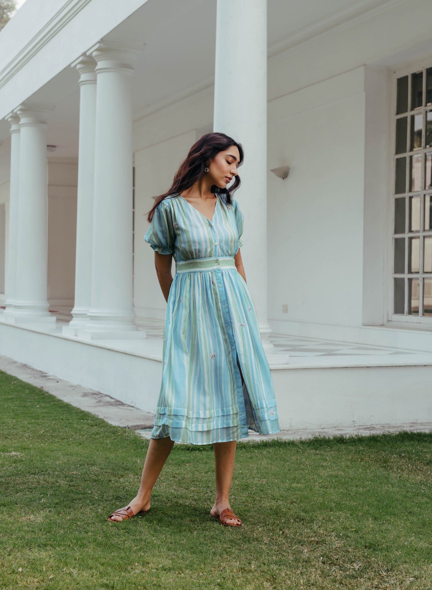Buy Blue and Green Striped Dress 