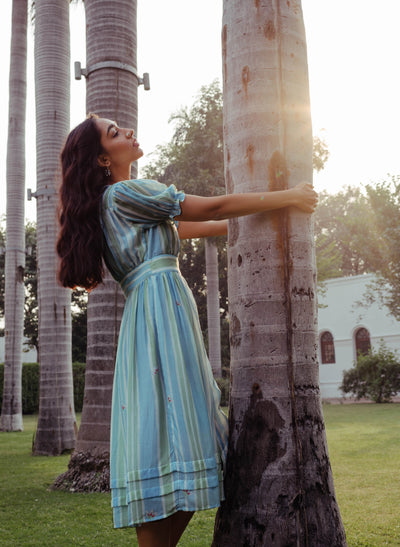 Blue and Green Striped Dress for Women