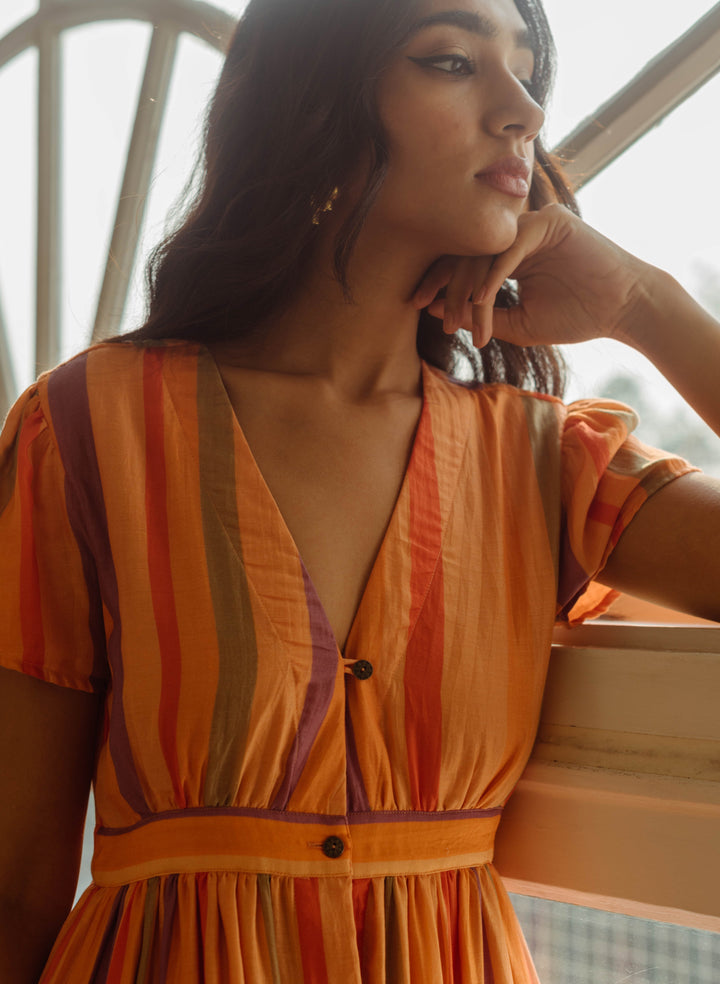 Get Online Orange Striped Midi Dress