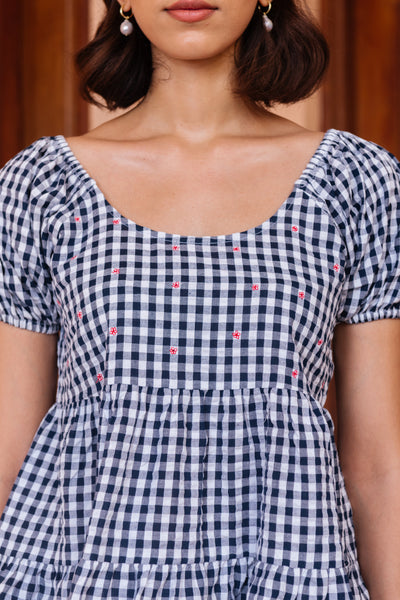 Prussian Checkered Off-Shoulder Top