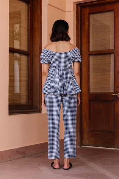 Prussian Checkered Off-Shoulder Top