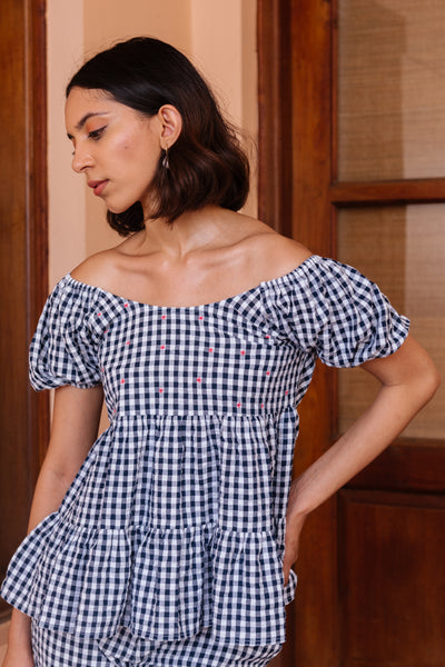 Prussian Checkered Off-Shoulder Top