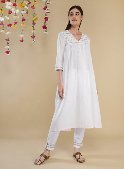 Get White Cotton Embroidered Kurta