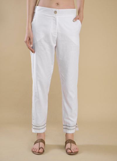 Saanjha White Cotton Trousers