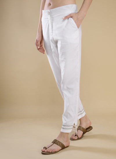 Saanjha White Cotton Trousers