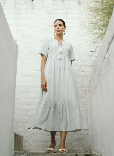 Buy Online Stripe Gathered Midi Dress