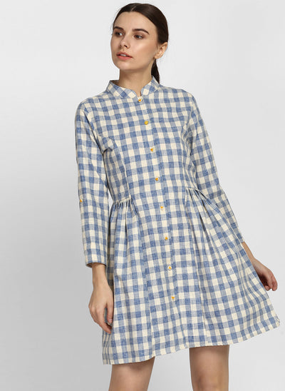 White and Blue Checks Dress Online