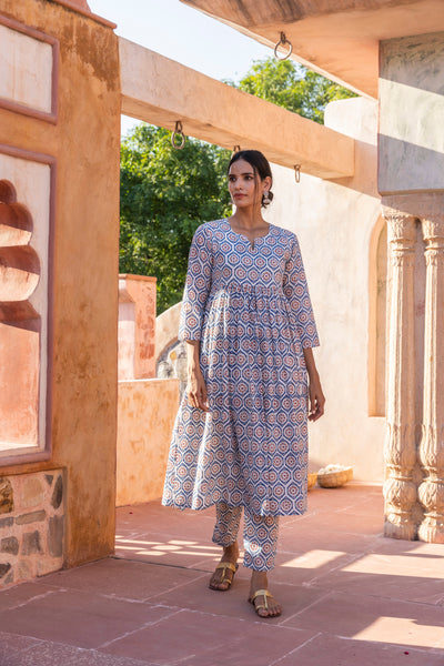 Neel Printed Gathered Cotton Long Kurta