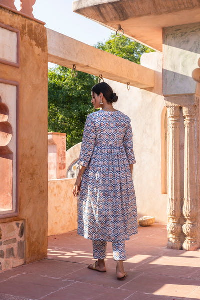 Neel Printed Gathered Cotton Long Kurta