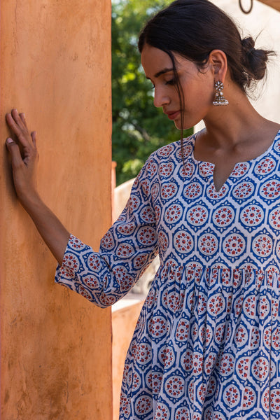 Neel Printed Gathered Cotton Long Kurta