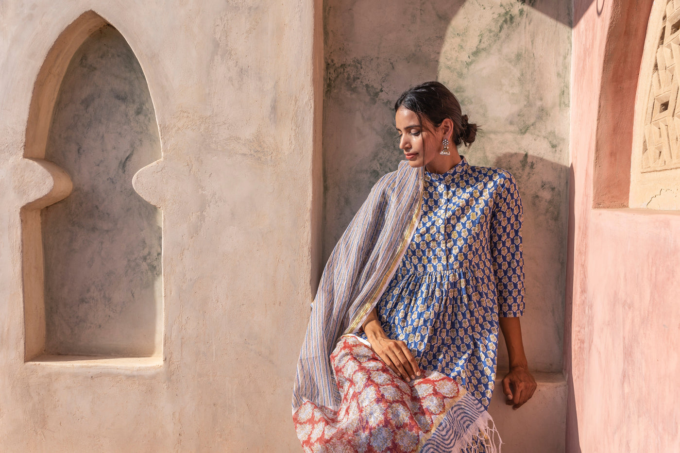 Saba Printed Nehru Collar Gathered Kurta