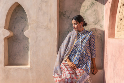 Saba Printed Nehru Collar Gathered Kurta