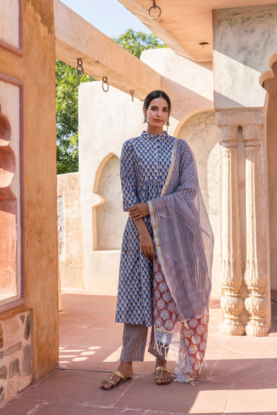 Saba Printed Nehru Collar Gathered Kurta