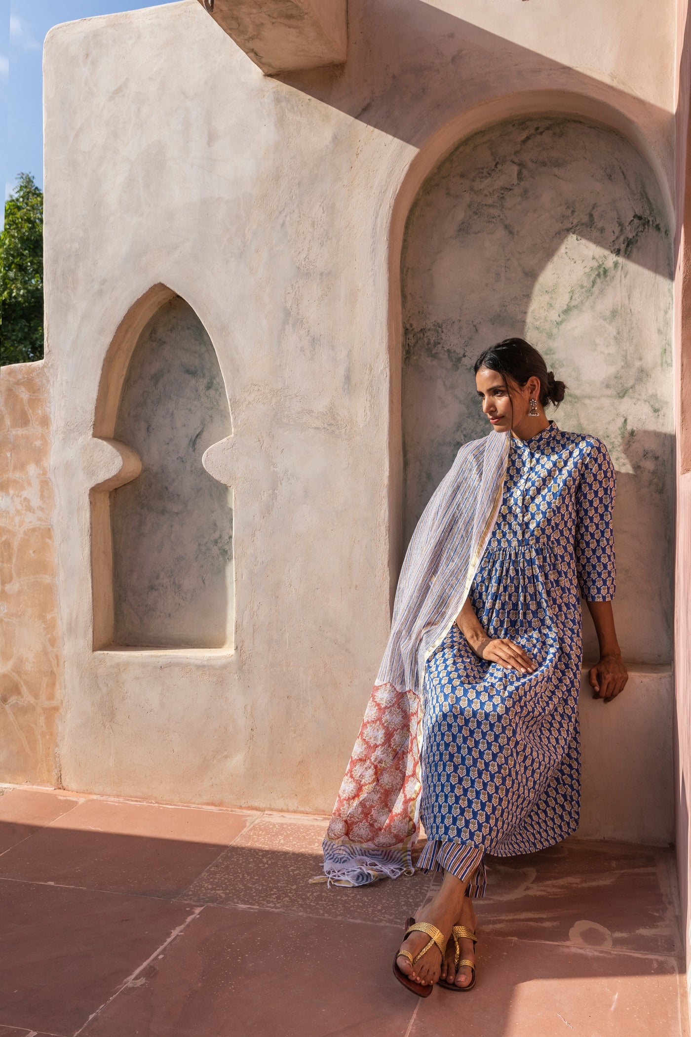 Saba Printed Nehru Collar Gathered Kurta