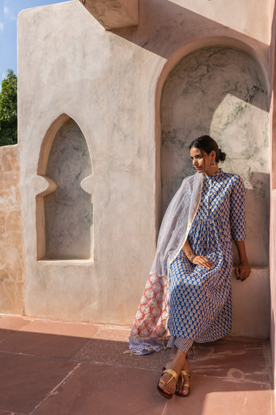 Saba Printed Nehru Collar Gathered Kurta