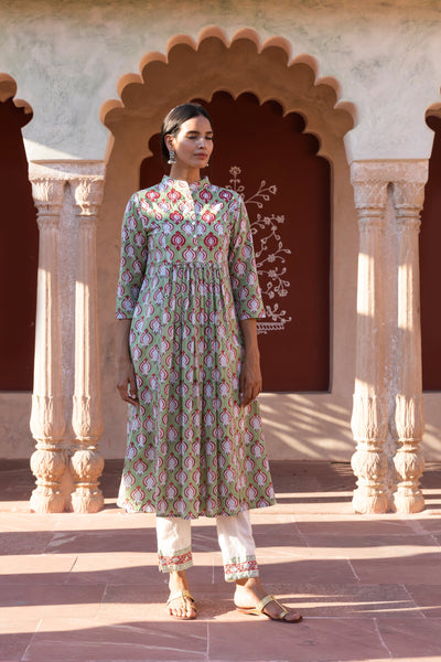 Shiddat Printed Nehru Collar Gathered Kurta